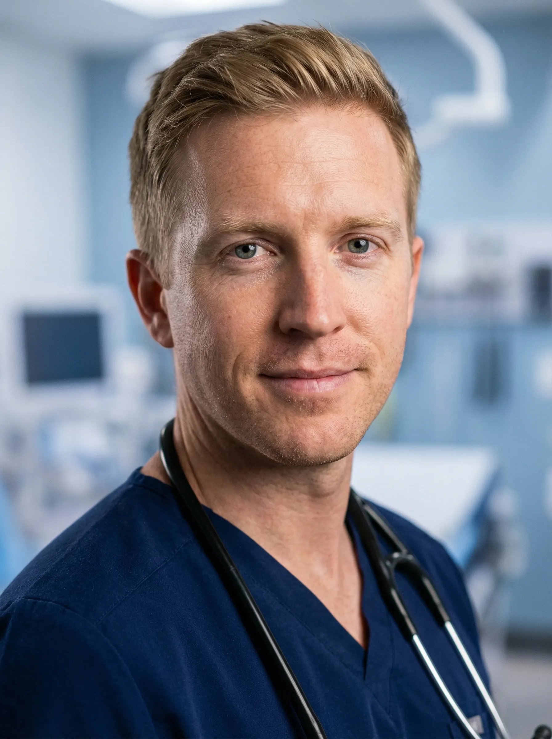 AI medical headshot — man in navy scrubs with a stethoscope in a hospital room
